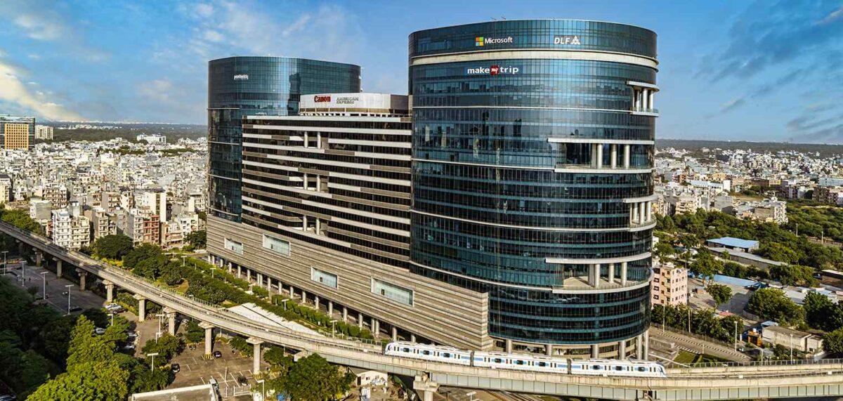 DLF Cyber City IT park, Gurgaon, with metro train