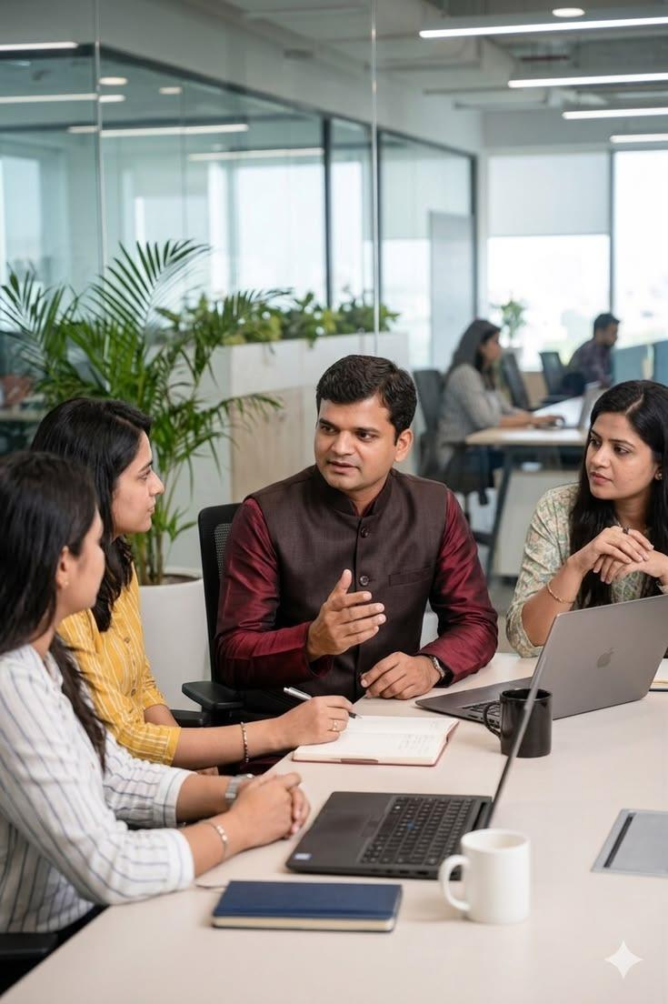 Team discussing work around a laptop in a modern office