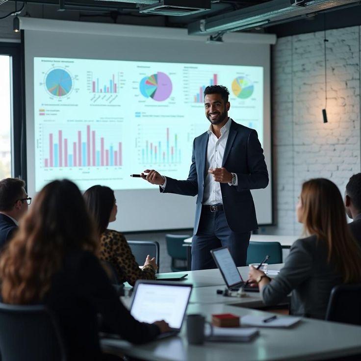 Consultant presenting business data to a team in a meeting room